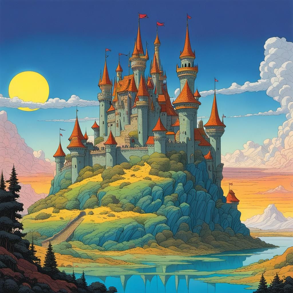 Colorful Fantasy Castle in Moebius Style