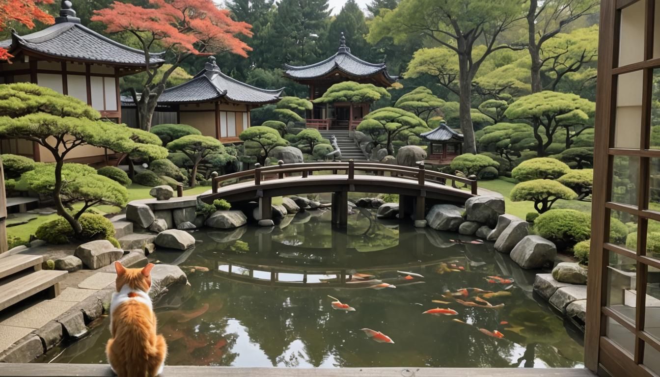Cat Observes Japanese Garden From Open Window