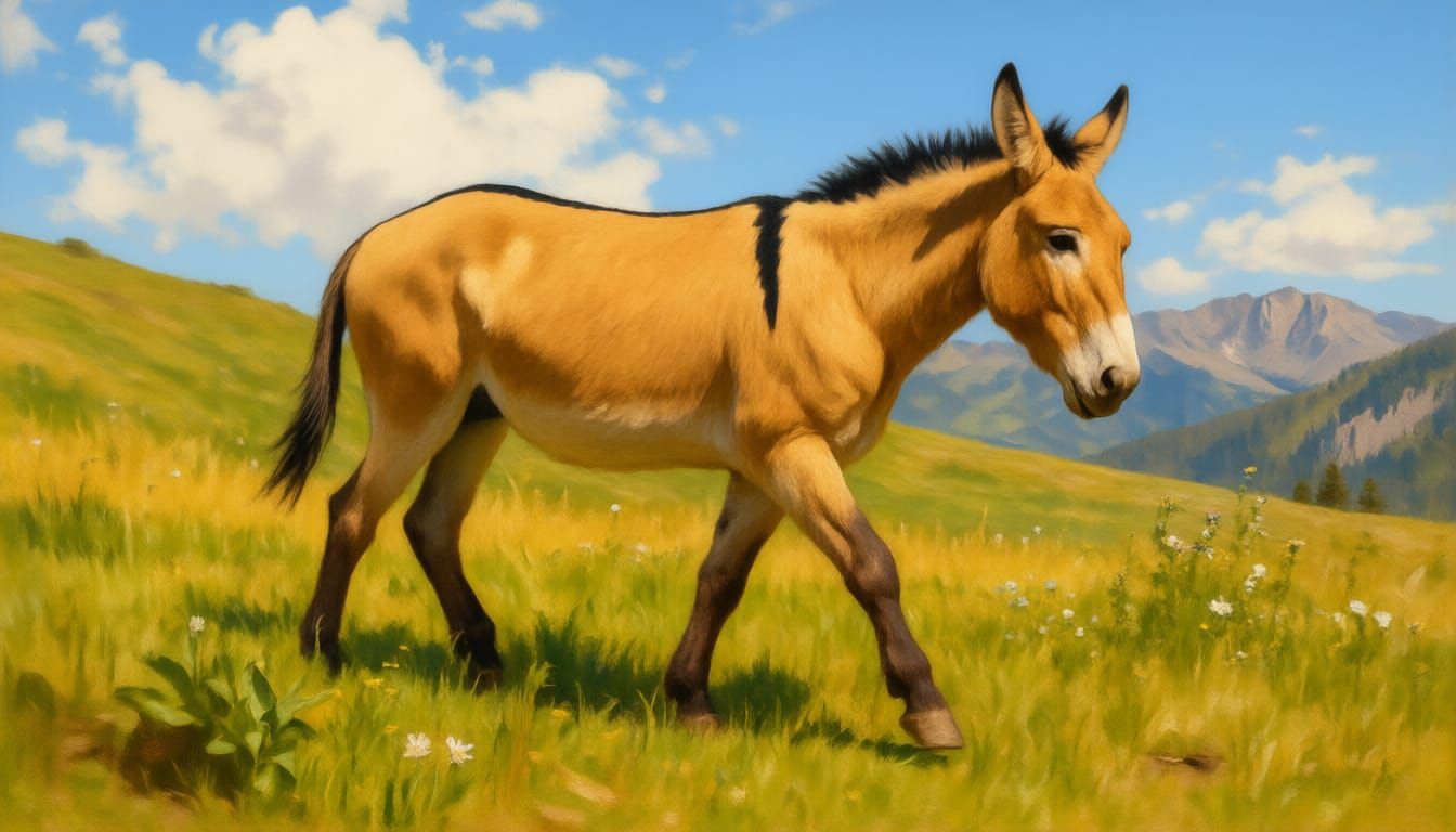 Man Rides Mule Through Mountain Meadow in Oil Painting Style