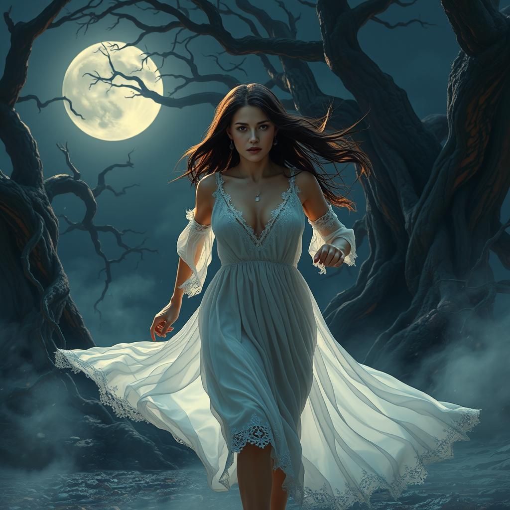 Ethereal Woman Runs Through Misty Moonlit Forest
