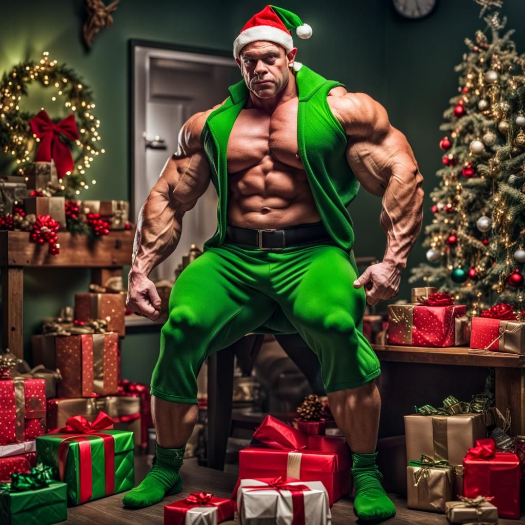 Muscular Elf Bodybuilder Amid Christmas Gifts
