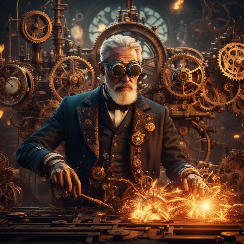 Steampunk Inventor Portrait with Flaming Goggles