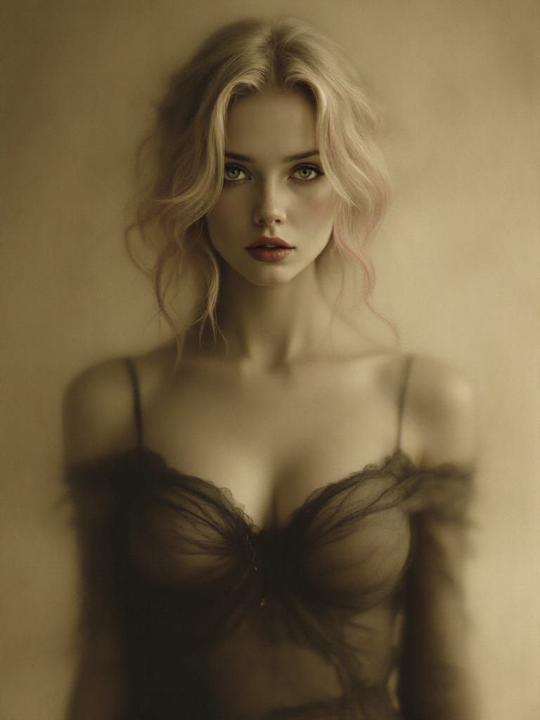 Blond Pin-Up Woman in Sepia Haze with Pink Hair