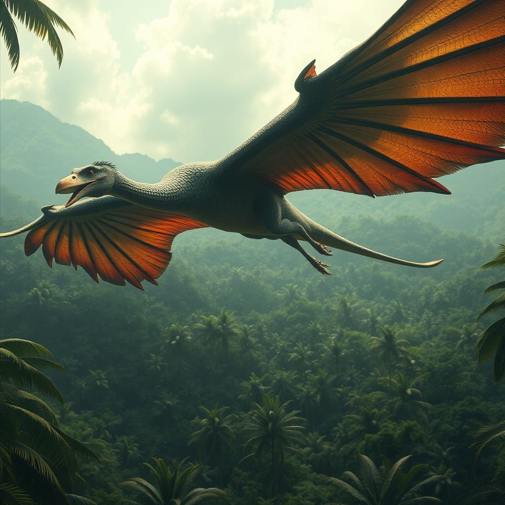 Giant Pterodactyl Soaring Over Tropical Forest