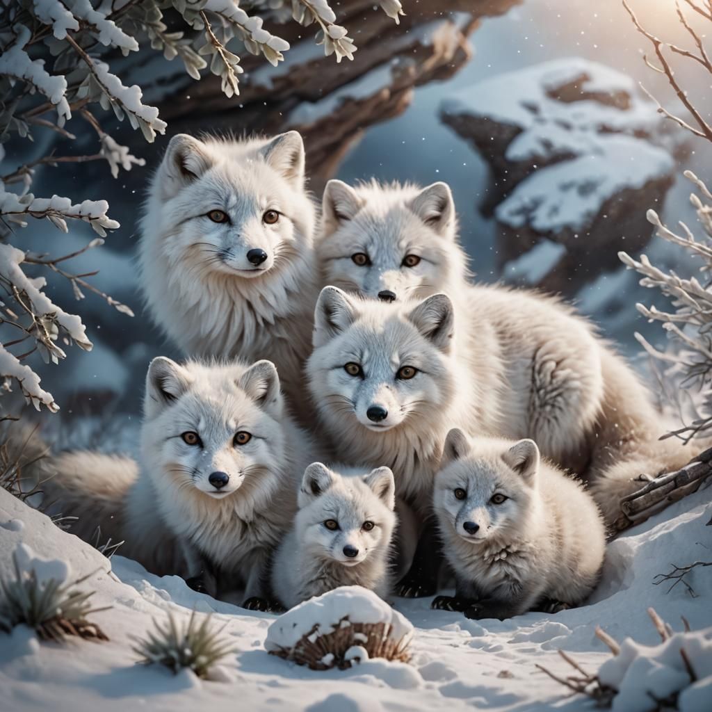 Arctic Fox and Pups in Snowy Den