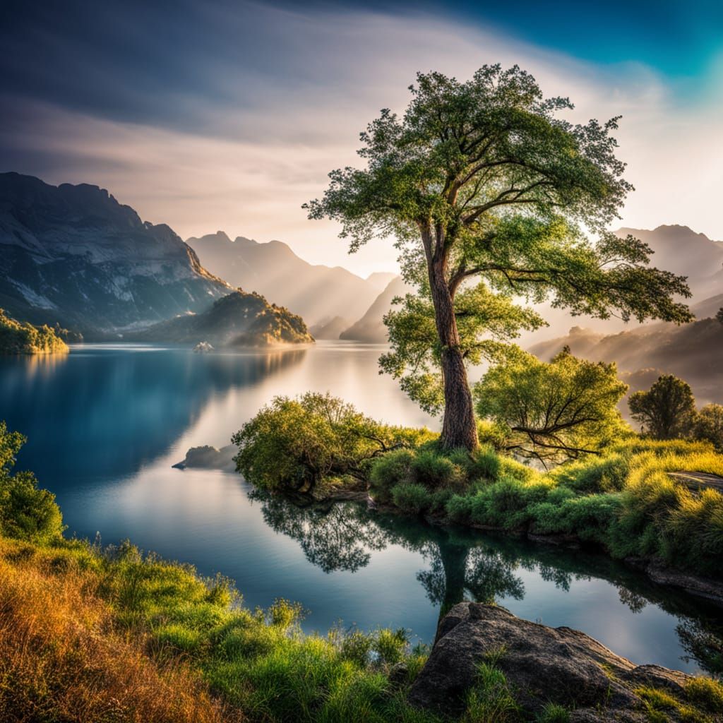Serene Blue Lake Landscape in Soft Focus