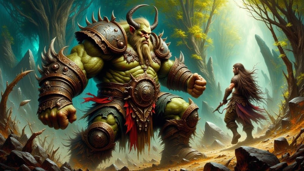 Muscular Orc Ready to Fight Forest Elf in Fantasy Art Style