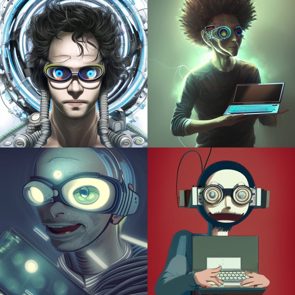 a man connected to a laptop with tubes coming out of his eyes, half open head with electronic circuits 8k resolution con...