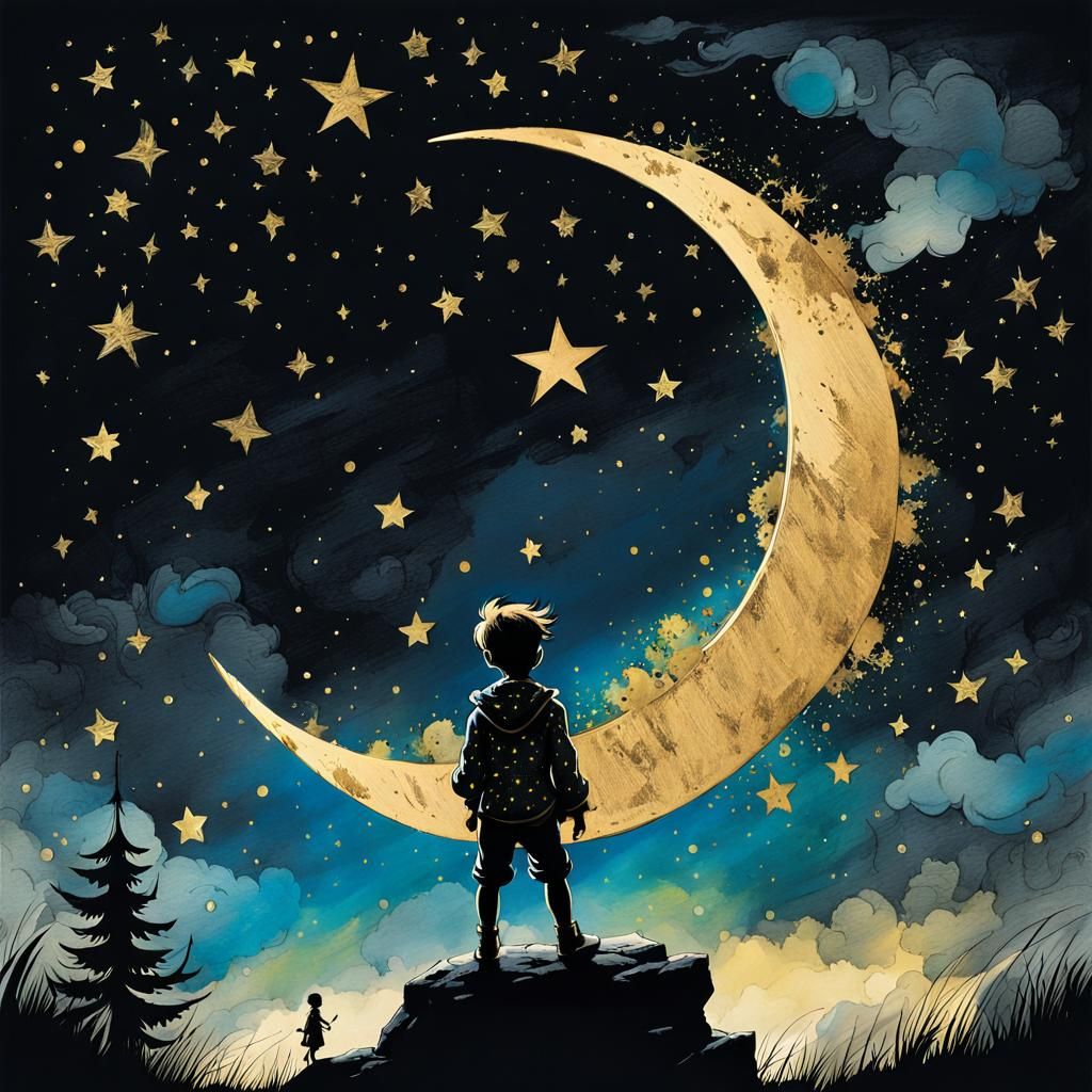 Peter Pan Sketches on the Moon in Dreamlike Style