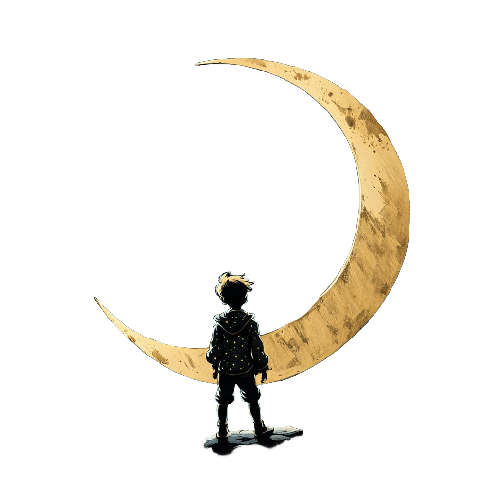 Cartoon Peter Pan on Moon in Starry Night