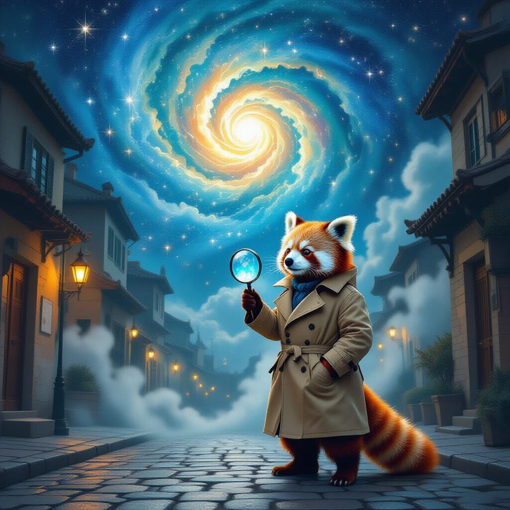 Red Panda Detective in Starry Sky, Surrealism
