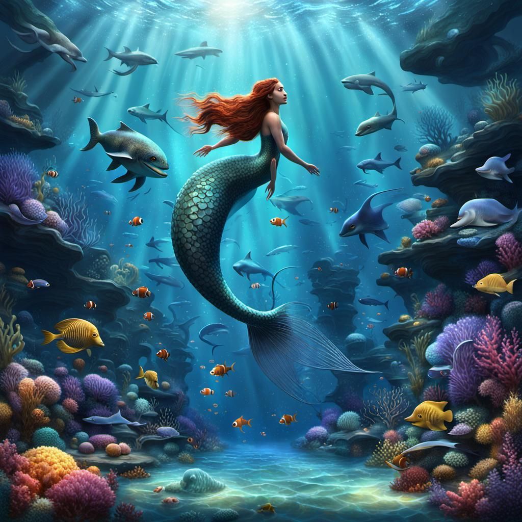 Mythical Sea Creatures in a Magical Underwater Scene