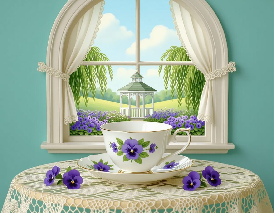 Whimsical Teacup Garden Scene in Beatrix Potter Style