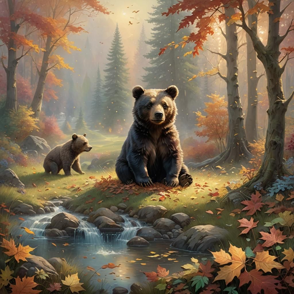 Baby Bear in Mystical Autumn Meadow