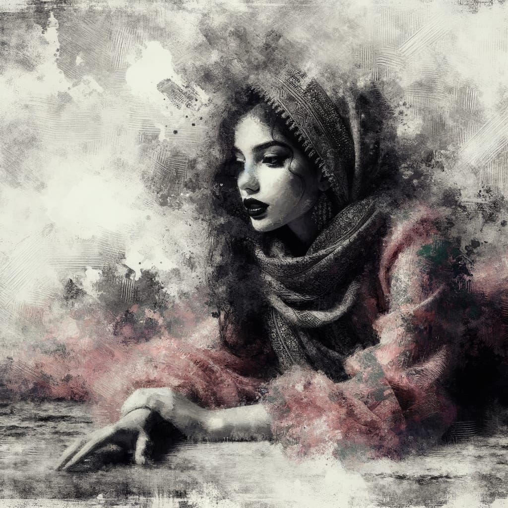 Romantic Grunge Woman on Water-Like Ground