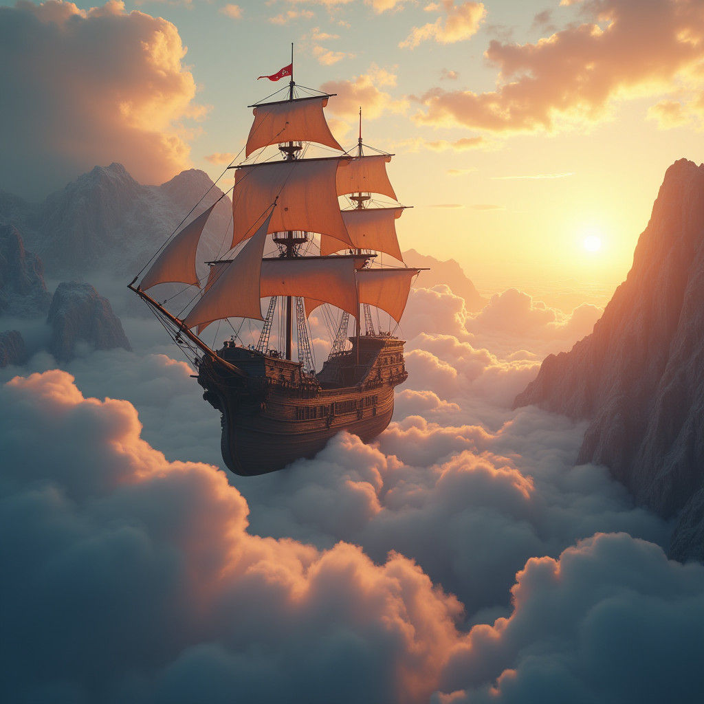 Pirate Ship Soaring Through Sky at Sunset