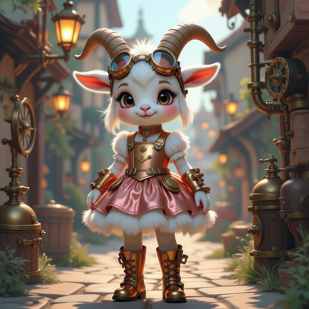 Steampunk Goat Girl in Whimsical Village