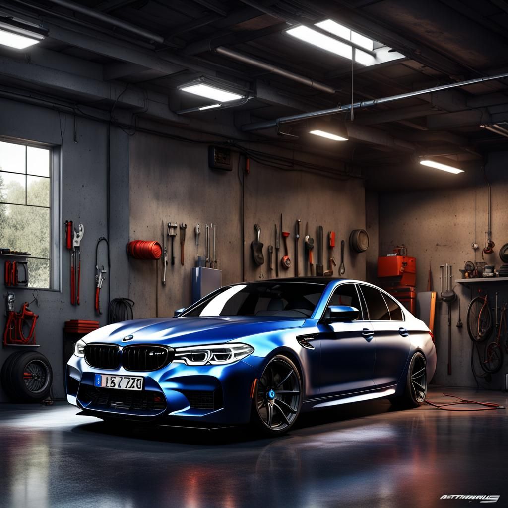 Cartoon BMW M5 in Detailed Garage, Matte Painting