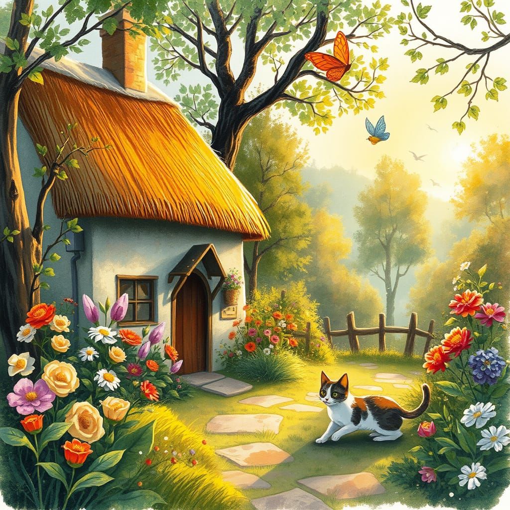 Whimsical Sunrise Village Scene in Dreamy Sketchy Style