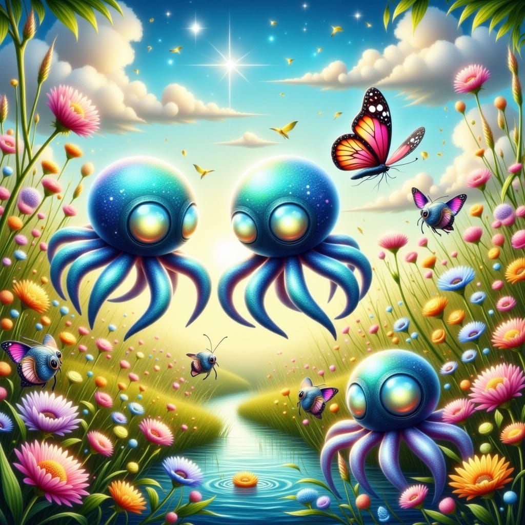 Whimsical Florida Meadow Scene with Spider-Octopi and Local ...