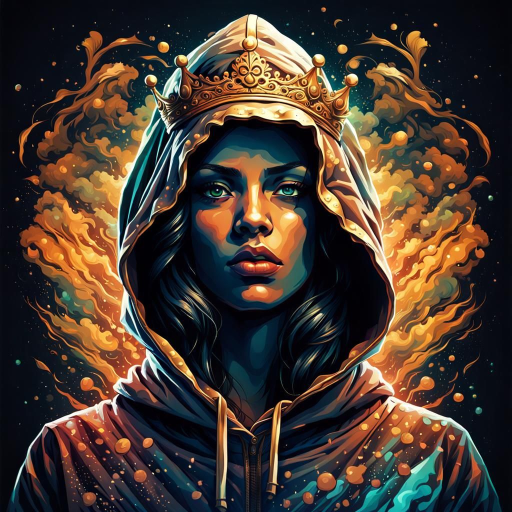 Queen in Hoodie: Dramatic Splash Art Portrait