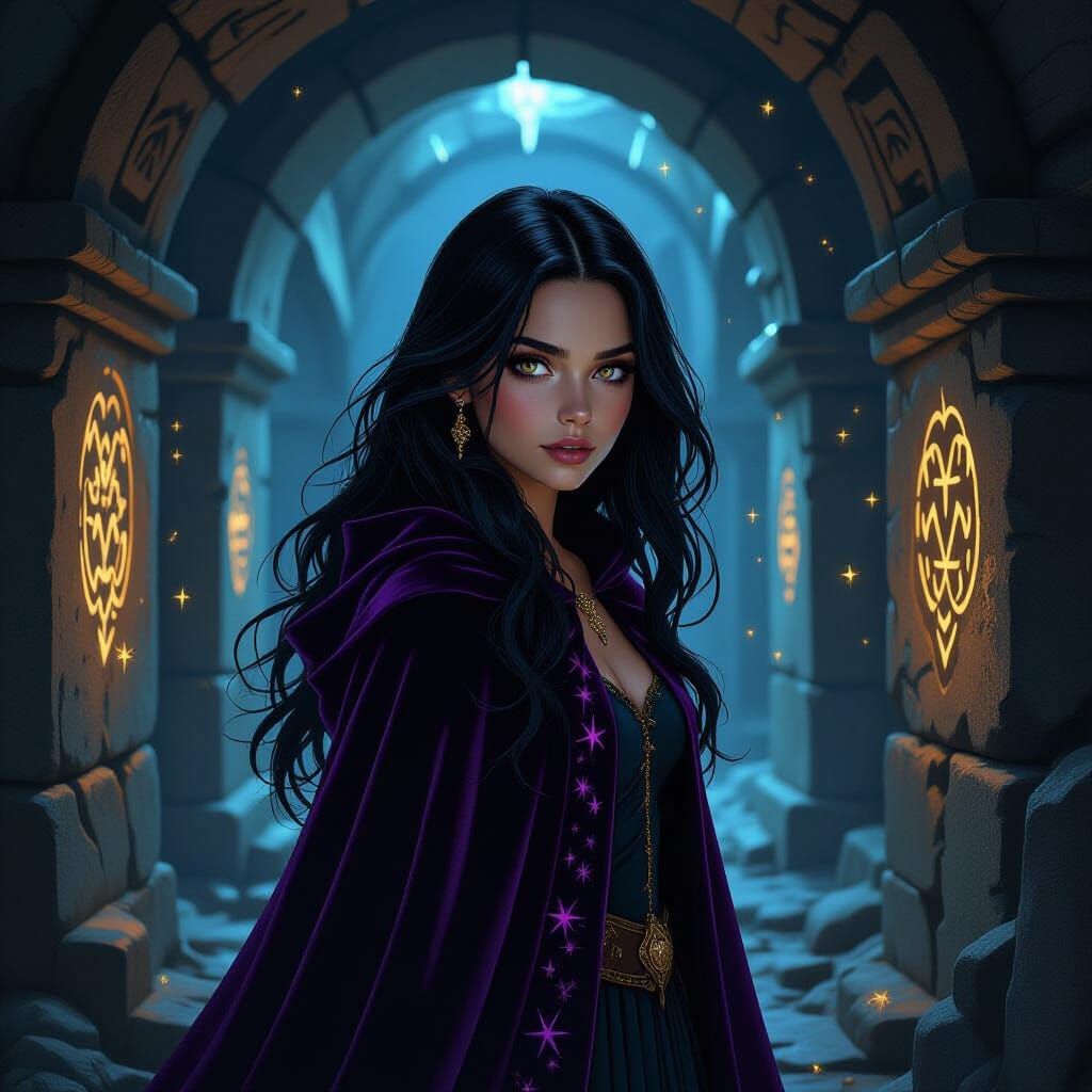 Witch in Magical Catacombs with Glowing Runes