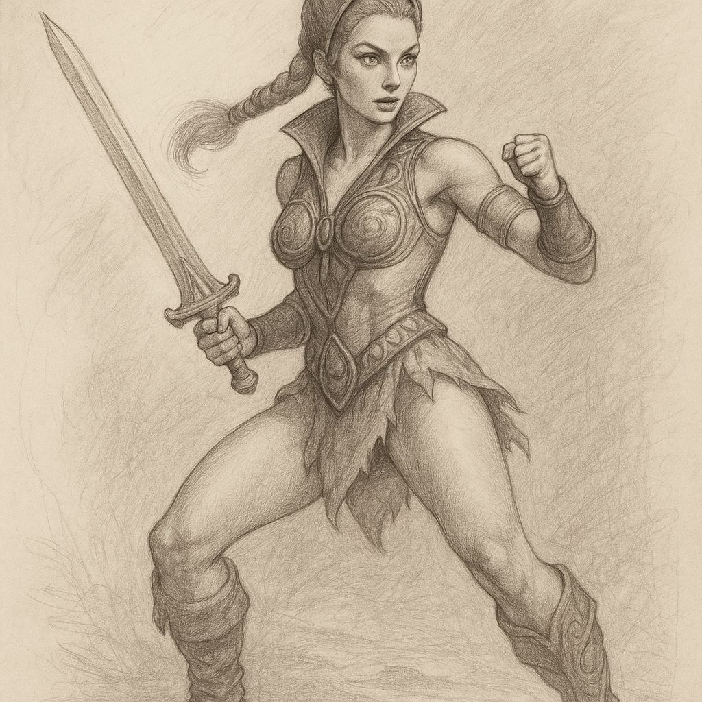 Detailed Sketch of Teela in Battle Pose
