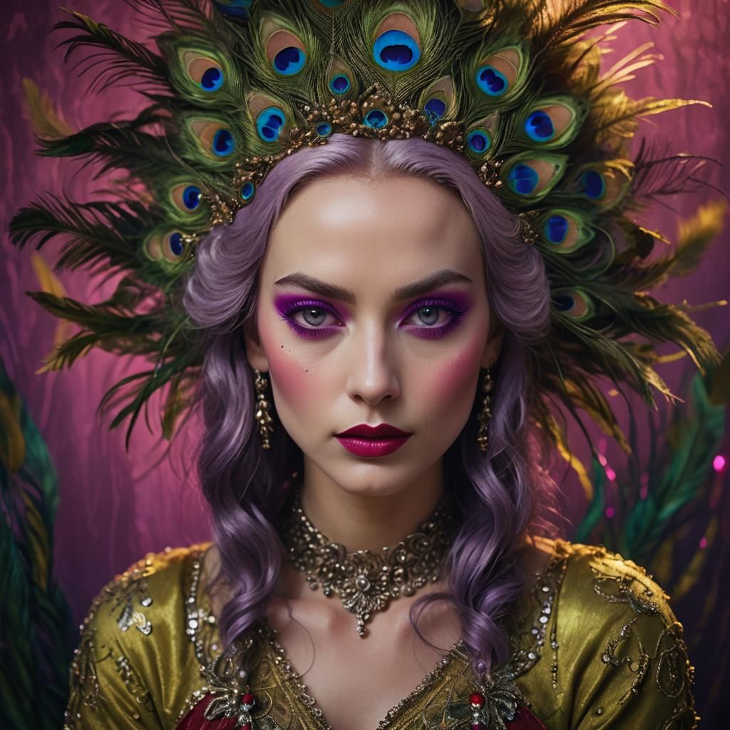 Woman with Peacock Hair in Magical Realism Style
