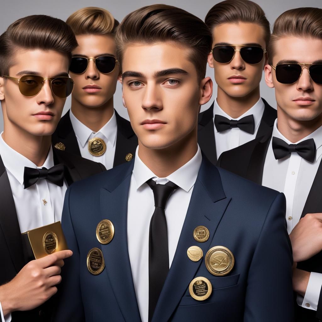 Young Businessmen in Tuxedos with Gold Badges