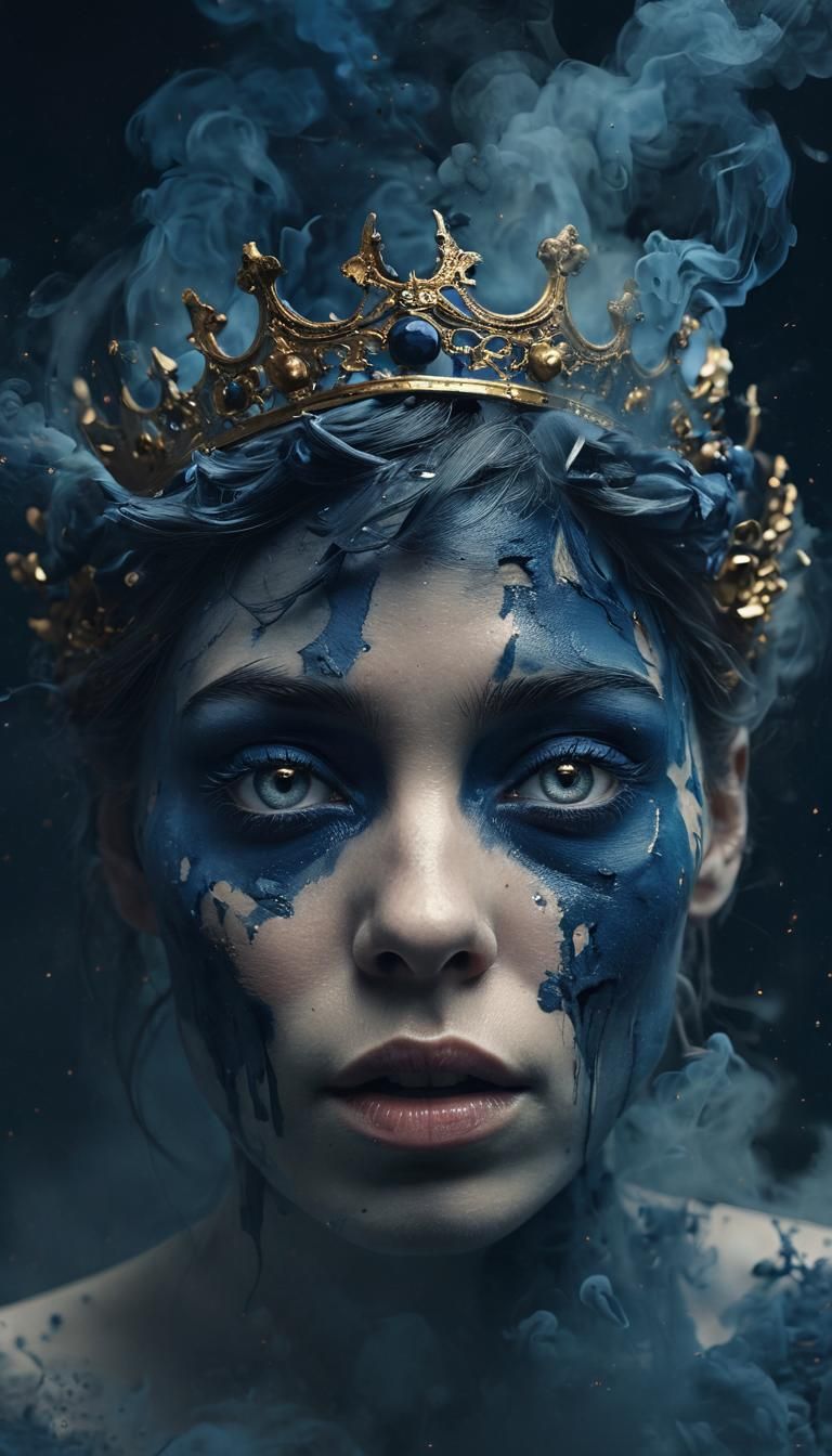 Surrealist Figure Adorned with a Crown in a Dark, Smoke-Fill...