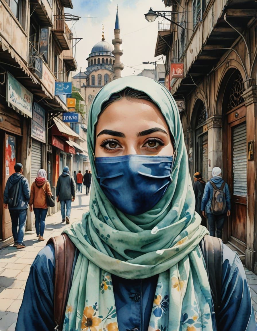 Turkish Woman in Istanbul Watercolor Scene
