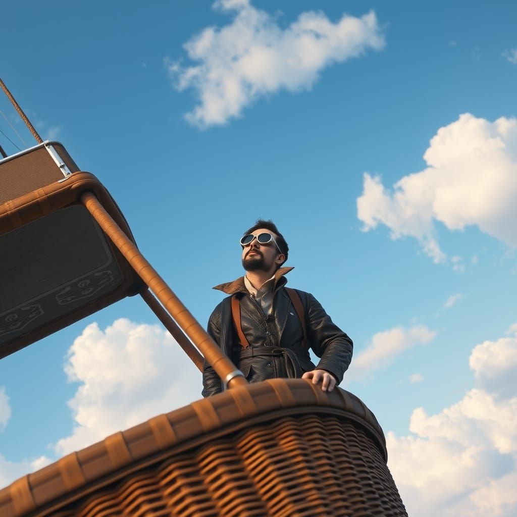 Vintage Aviator Stands at Edge of Wicker Hot Air Balloon Bas...
