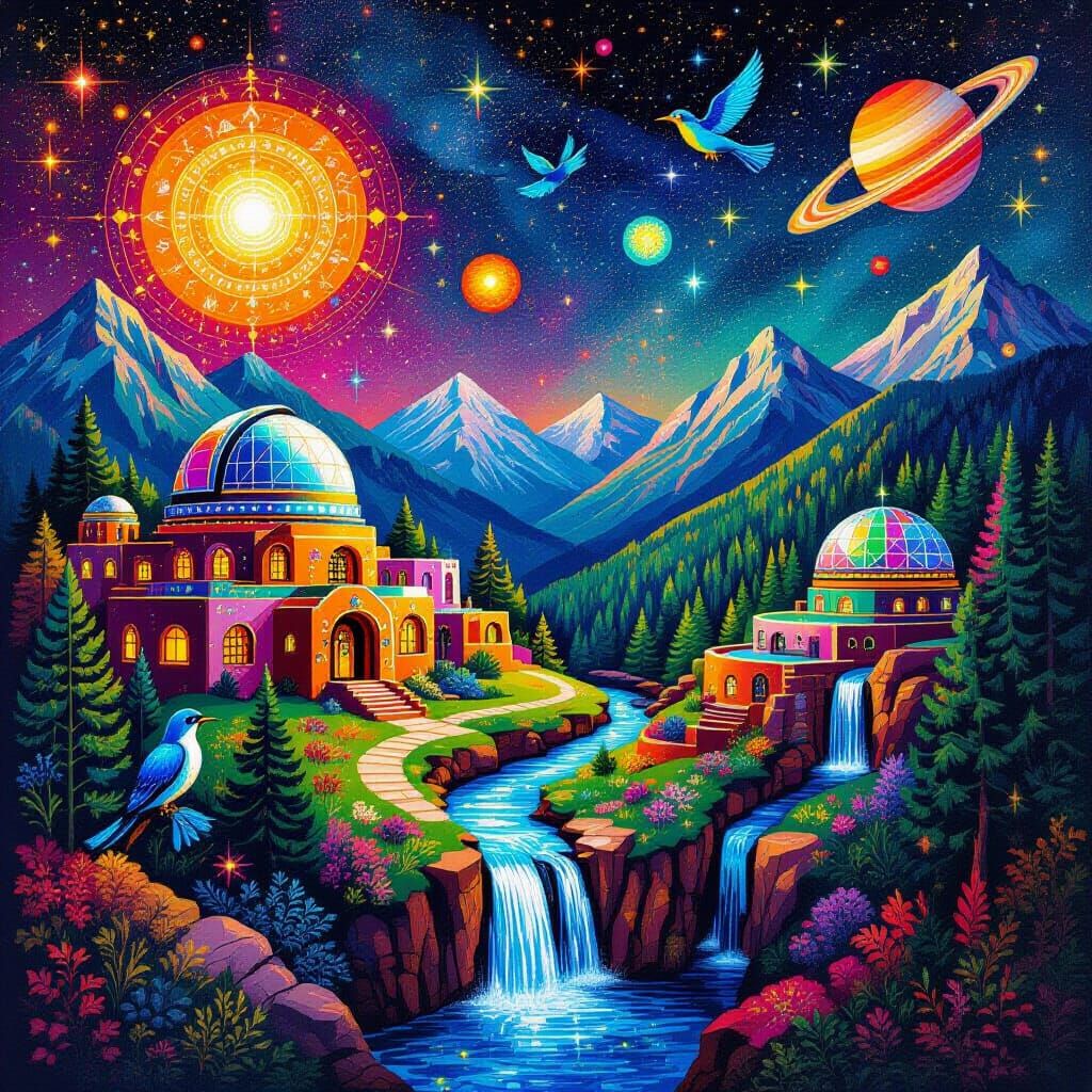 Psychedelic Pueblo Village with Cosmic Elements