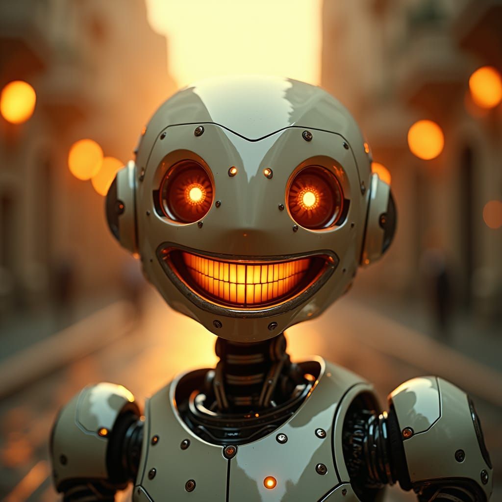 High-Tech Robot Radiating Joy in Cinematic Lighting