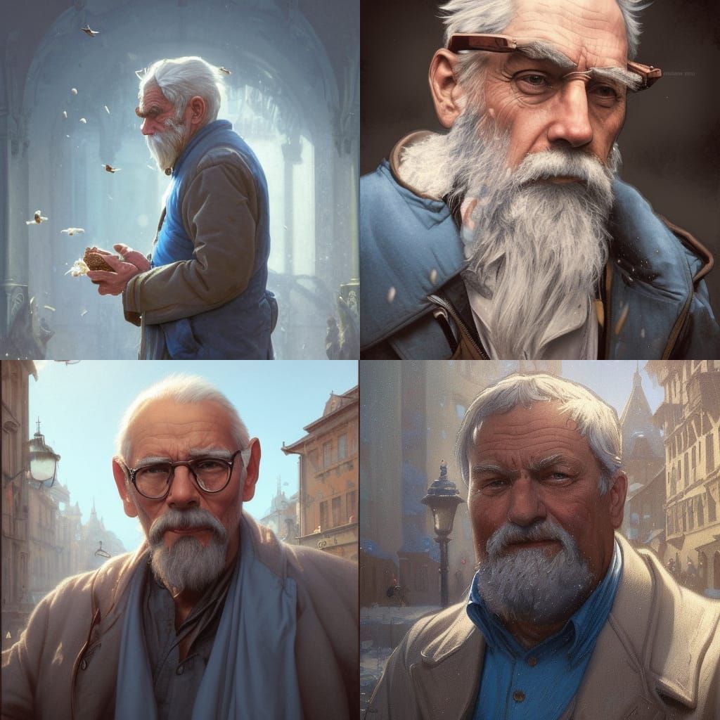 Man Feeding Birds: Detailed Digital Portrait