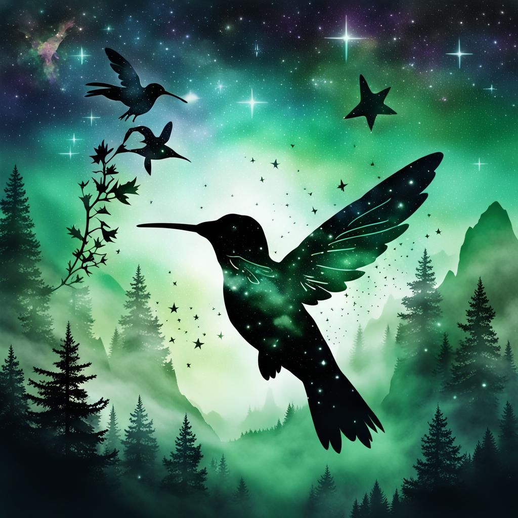 Hummingbird Silhouette with Cosmic Landscape in Dark Fantasy