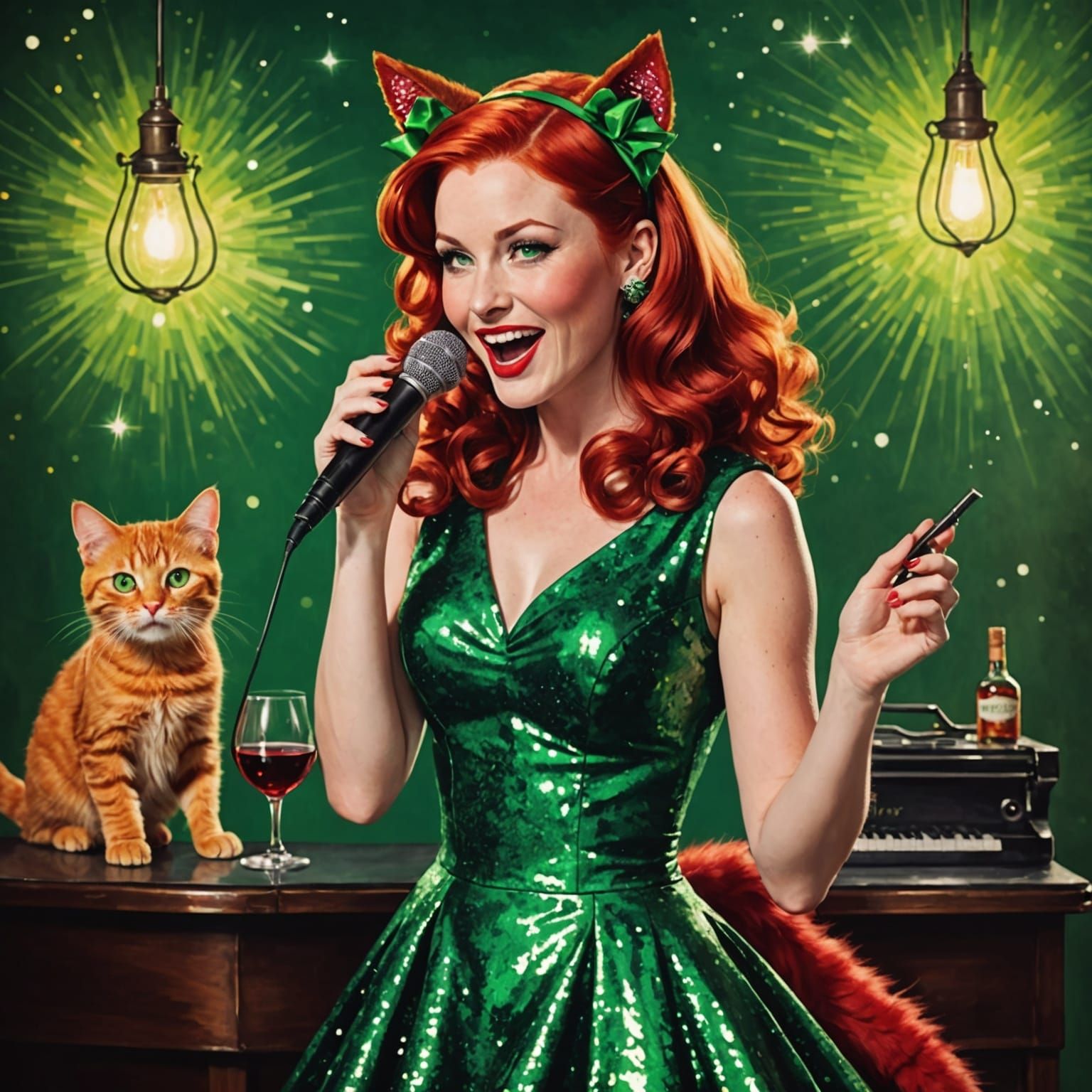 Glamorous Cat-Girl Singer in Alcohol Ink Style