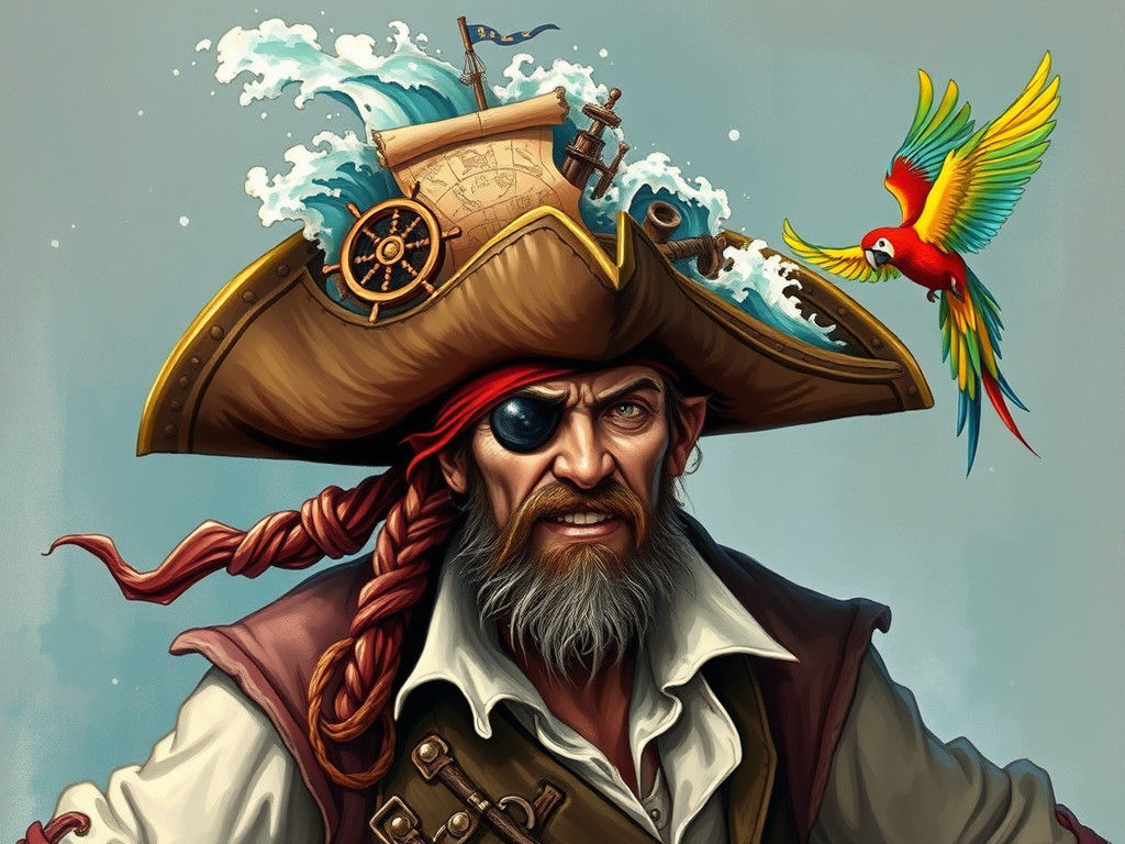 Pirate with Swashbuckling Scene Atop Hat
