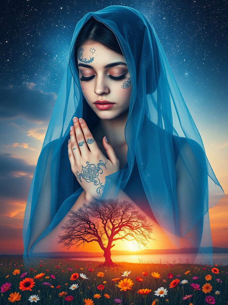 Ethereal Woman in Dreamlike Meadow at Sunset