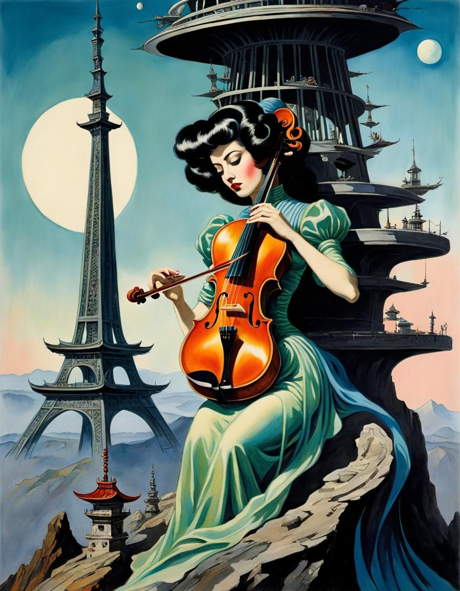 Extraterrestrial Rockabilly Maiden in Art Nouveau Style