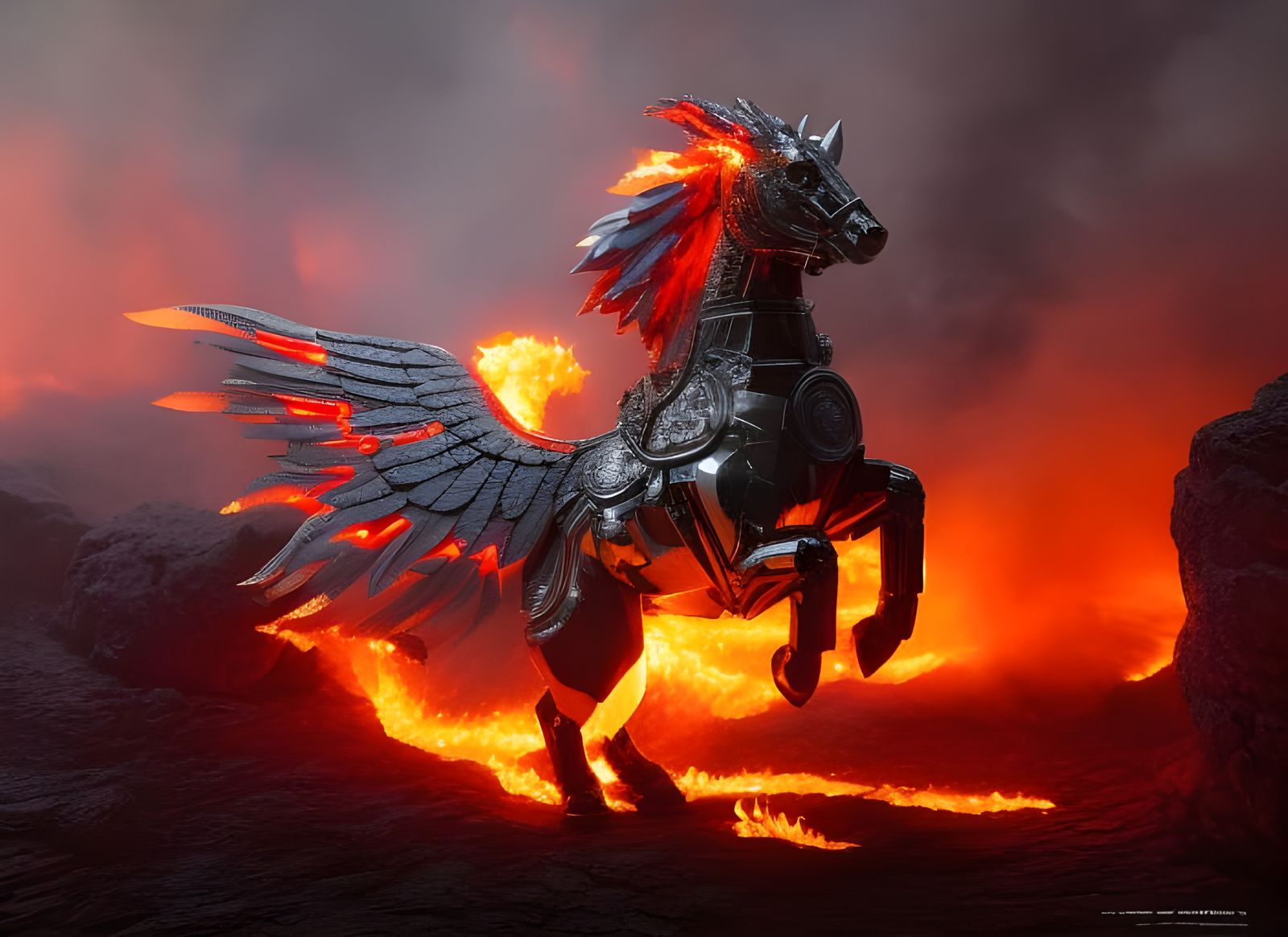 Armored Fire-Winged Horse in Cyberpunk Dark Fantasy