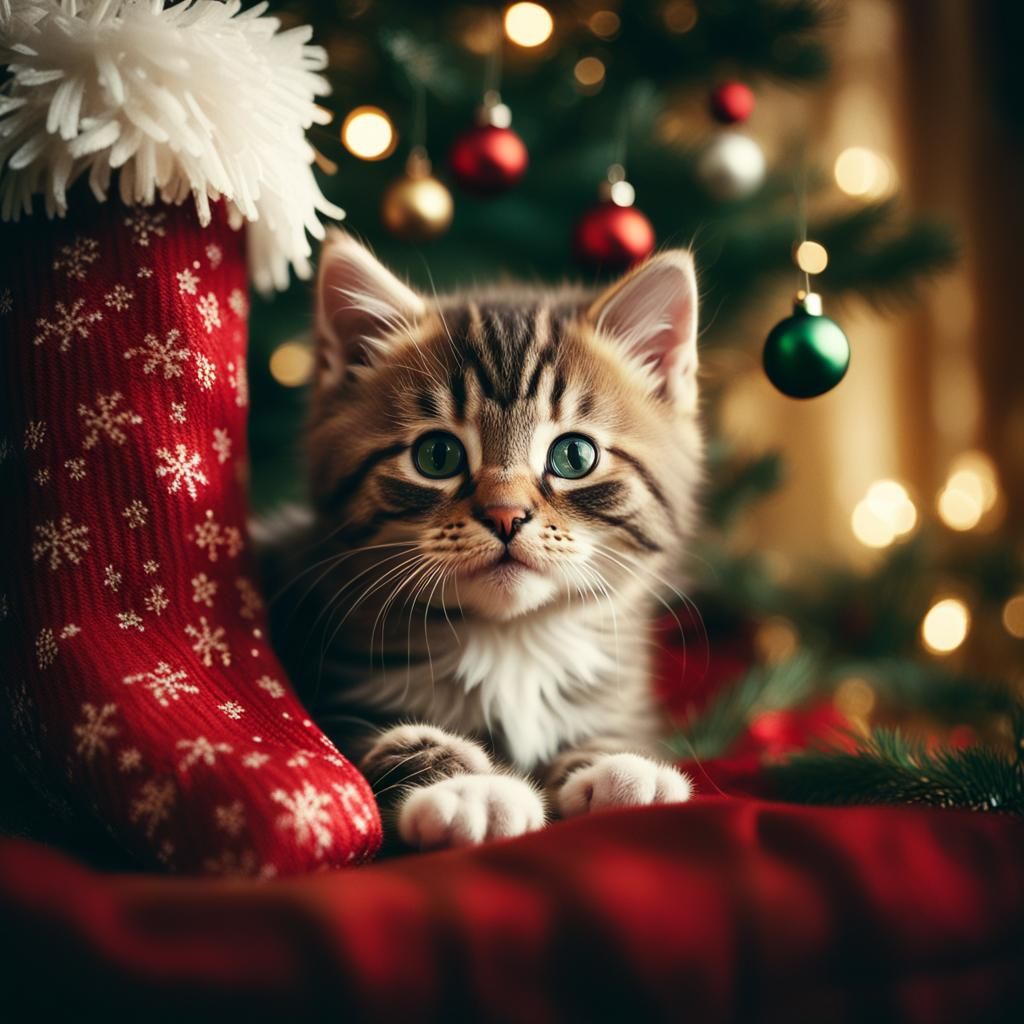 Cute Fluffy Kitten in Festive Christmas Stocking Scene