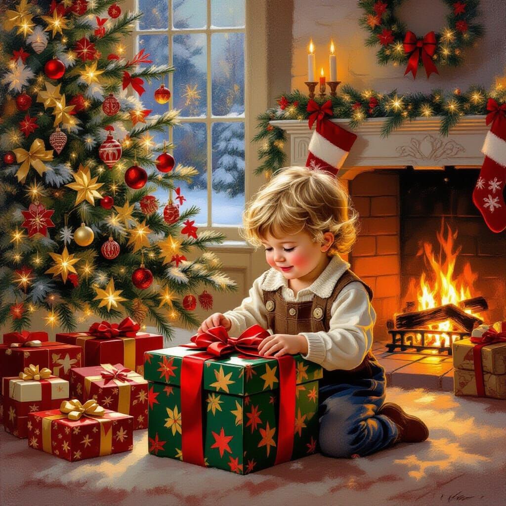 Child's Joy Opening Christmas Gifts by Fireplace