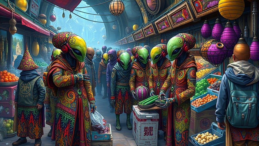 Alien Market with Glowing Produce, Syd Mead Style