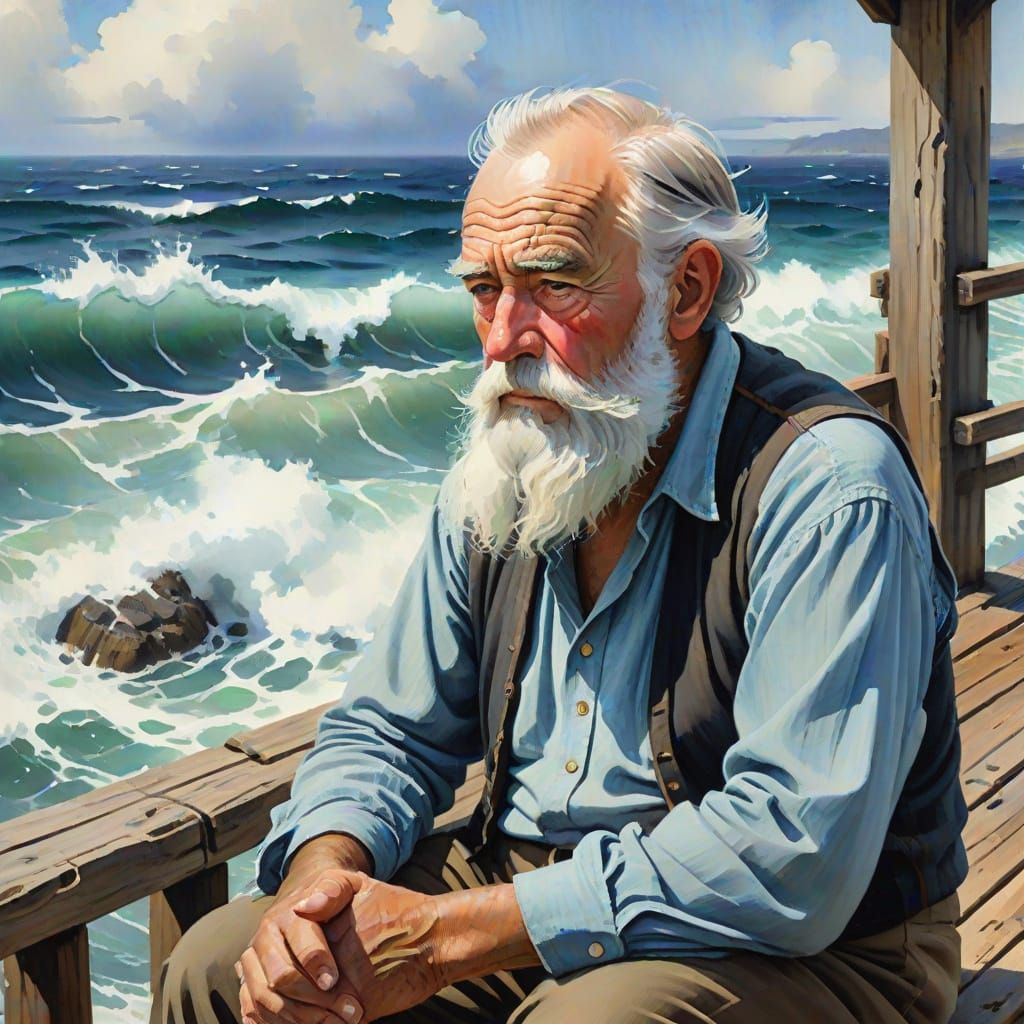 Elderly Gentleman Contemplates the Ocean in Gouache Impressi...