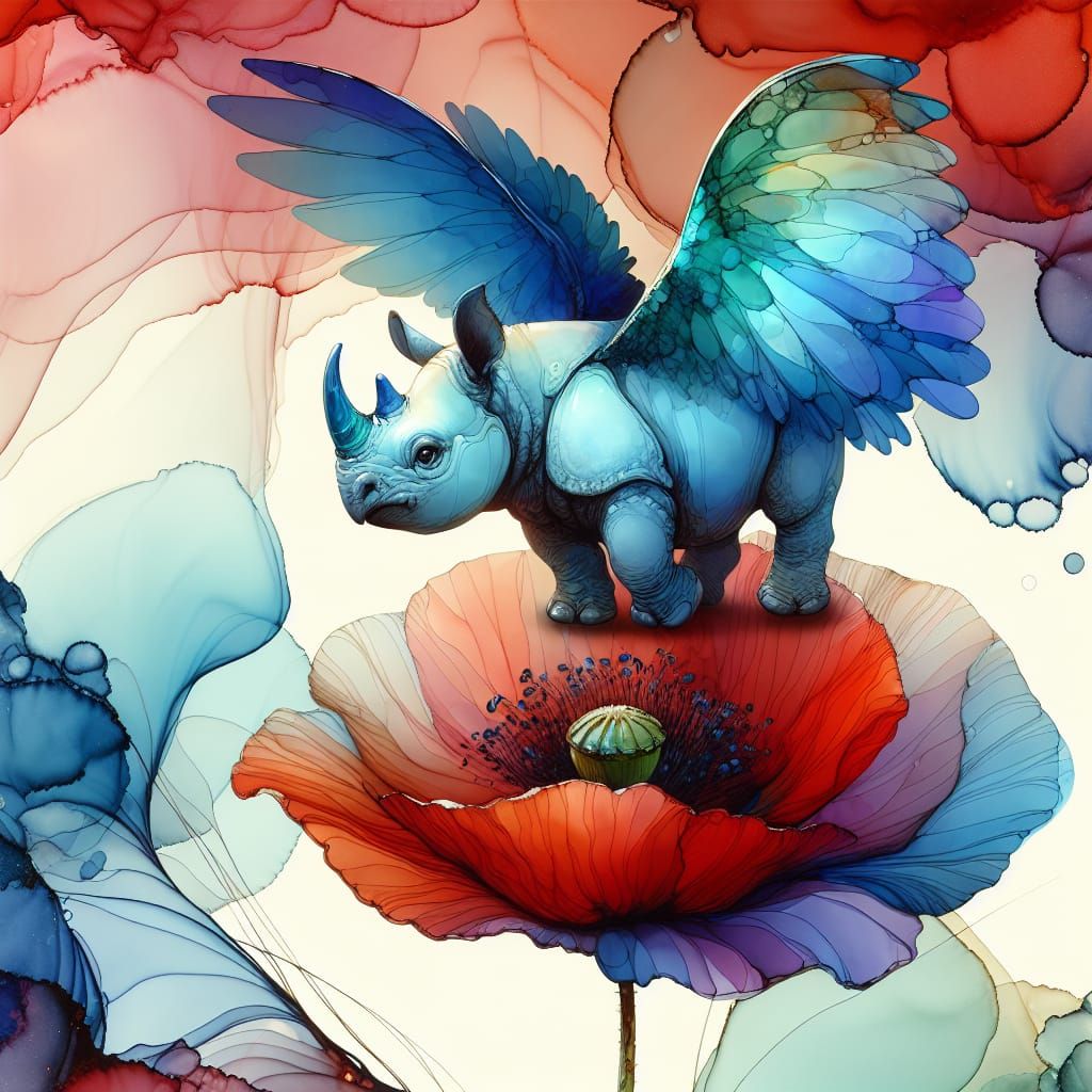 Winged Blue Rhino on Poppy, Alcohol Ink Art