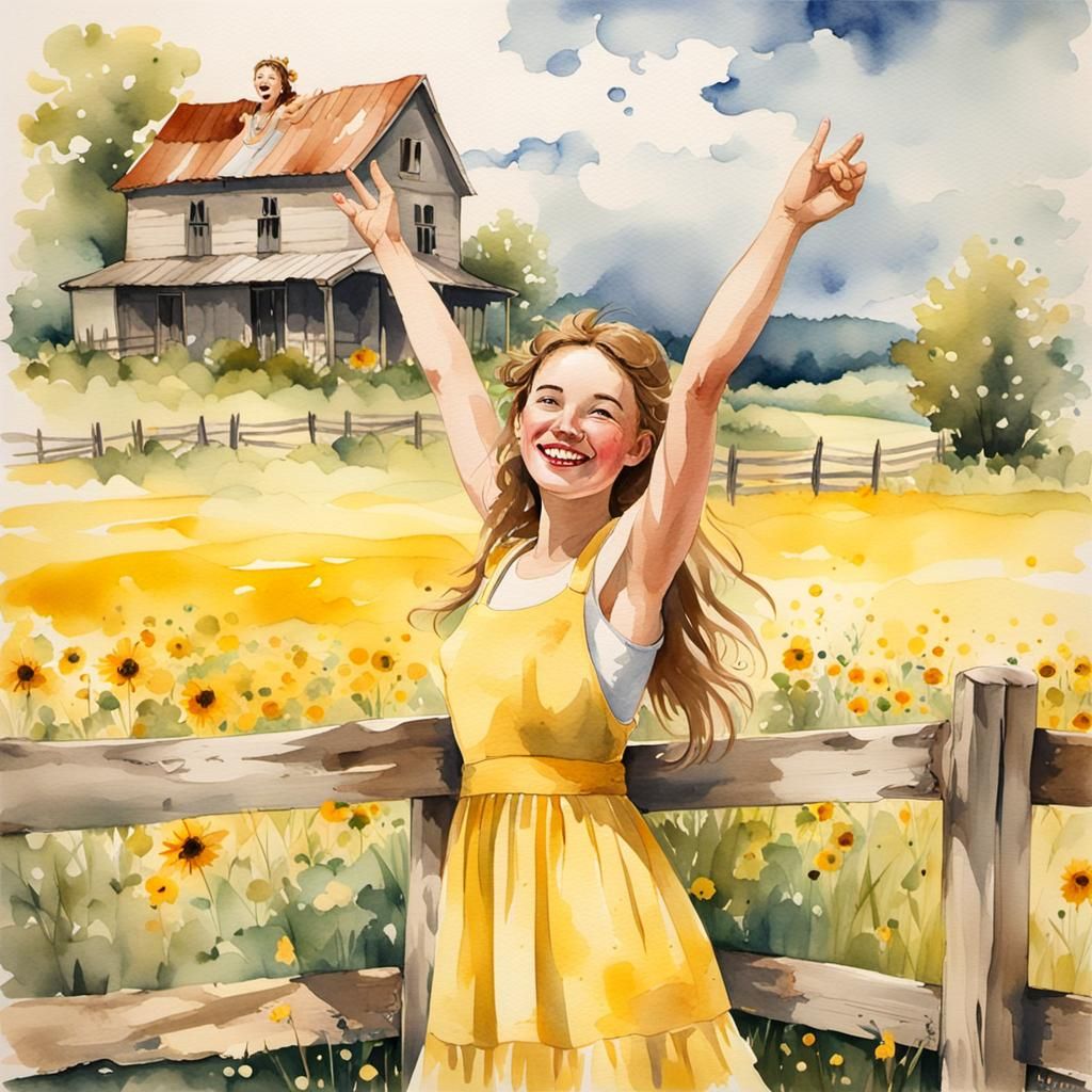 Joyful Farm Girl Watercolor Painting
