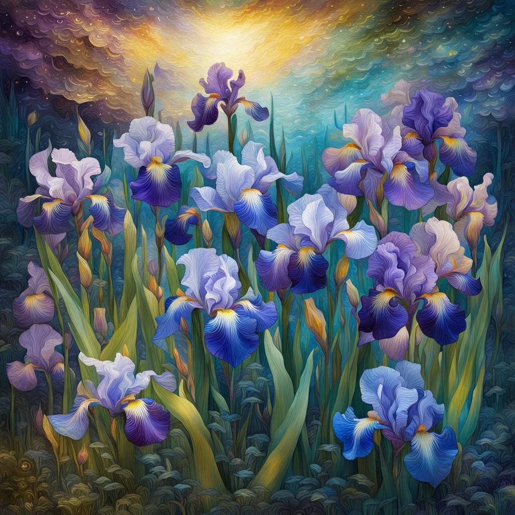 Irises in Post-Impressionist Style with Luminous Textures