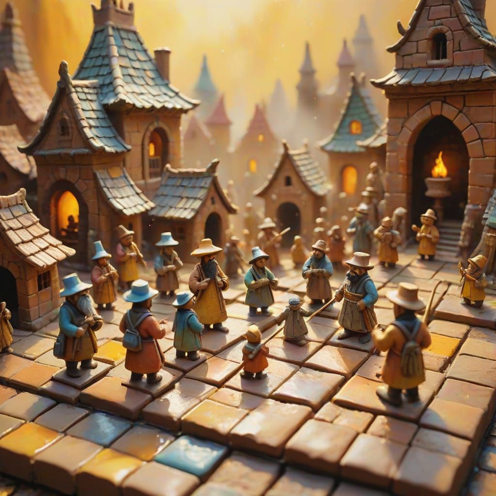 Whimsical Clay Figures Playing in Golden Light