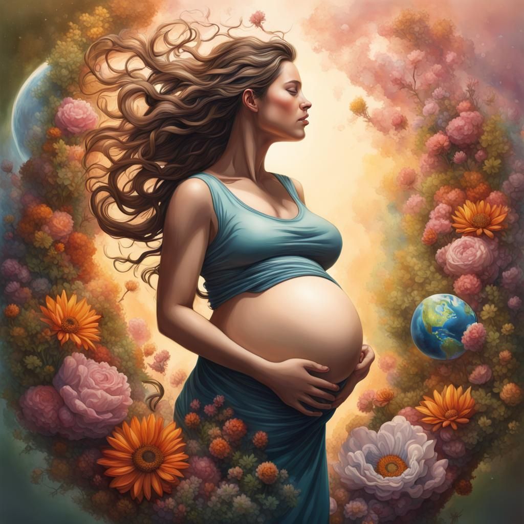 Pregnant Woman with Earth Belly: Hyperrealistic Concept Art